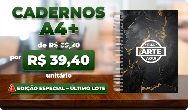 Caderno A4+ capa preta com detalhes em mármore dourado e preço promocional de R$ 39,40.