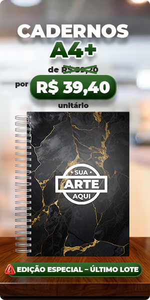 Caderno A4+ capa preta com detalhes em mármore dourado e preço promocional de R$ 39,40.