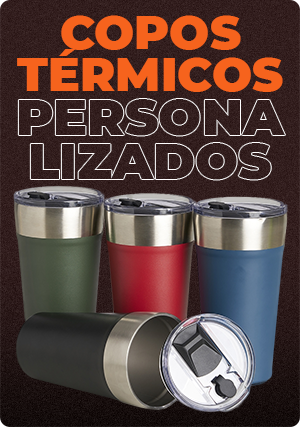 Copos térmicos personalizados em cores foscas com tampa hermética e detalhe em aço inox.