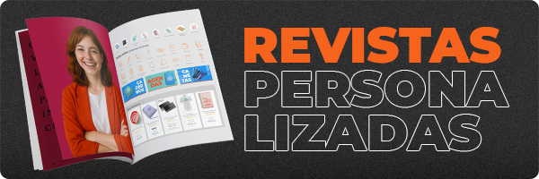 Revista personalizada com capa colorida e layout editorial profissional para empresas.