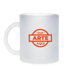 Caneca de vidro personalizada 350ml com acabamento fosco translúcido e impressão frontal em silk, ideal para brindes corporativos e eventos promocionais.