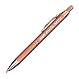 Caneta metal touch personalizada rose gold com detalhes cromados, corpo em alumínio e ponteira touch emborrachada para telas sensíveis, ideal para brinde corporativo premium.