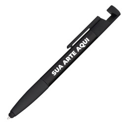 Caneta plástica multifunções personalizada preta com ponteira touch, régua lateral, suporte para celular e acionamento por clique, ideal para brinde corporativo tecnológico.