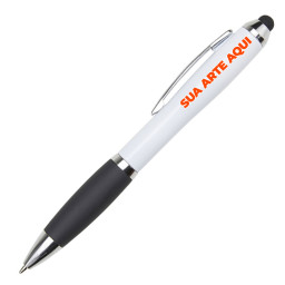 Caneta personalizada com logotipo para brindes. Caneta personalizada branca com detalhe preto e logotipo.