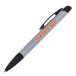 Caneta prata personalizada com logotipo para brindes. Caneta personalizada prata com detalhe preto e logotipo.