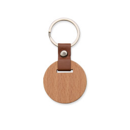 Chaveiro de madeira com detalhe em couro sintético